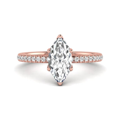 Marquise cut lab grown diamond engagement ring with an IGI certified center diamond and pavé round diamond band in rose gold.