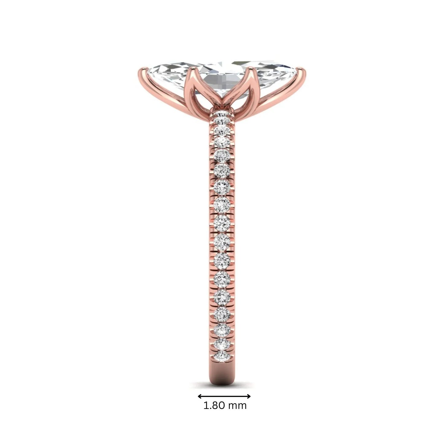 Marquise cut lab grown diamond engagement ring with an IGI certified center diamond and pavé round diamond band in rose gold.