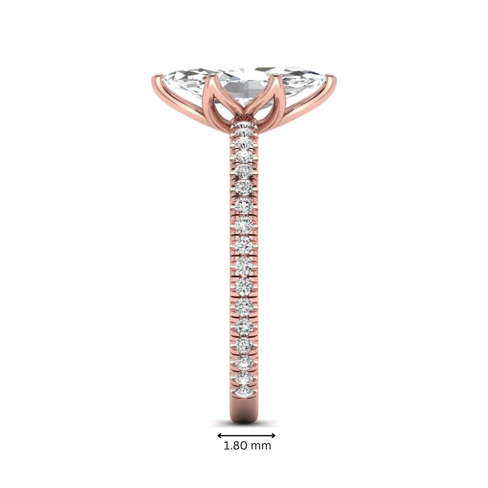 Marquise cut lab grown diamond engagement ring with an IGI certified center diamond and pavé round diamond band in rose gold.