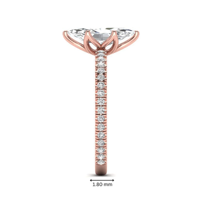 Marquise cut lab grown diamond engagement ring with an IGI certified center diamond and pavé round diamond band in rose gold.