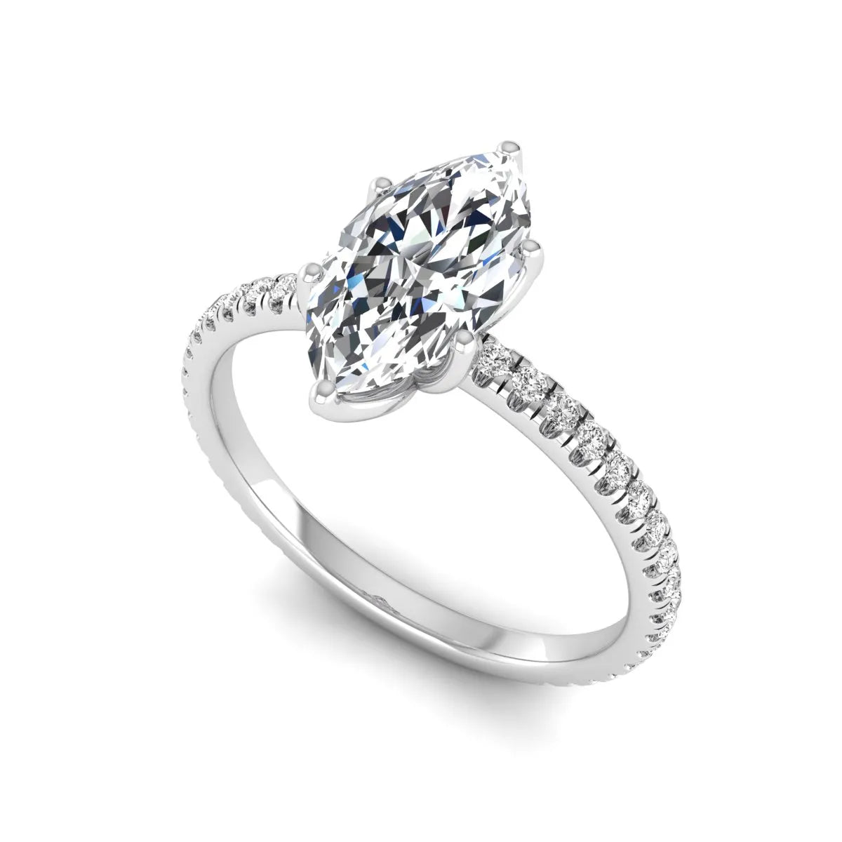 Marquise cut lab grown diamond engagement ring with an IGI certified center diamond and pavé round diamond band in white gold.