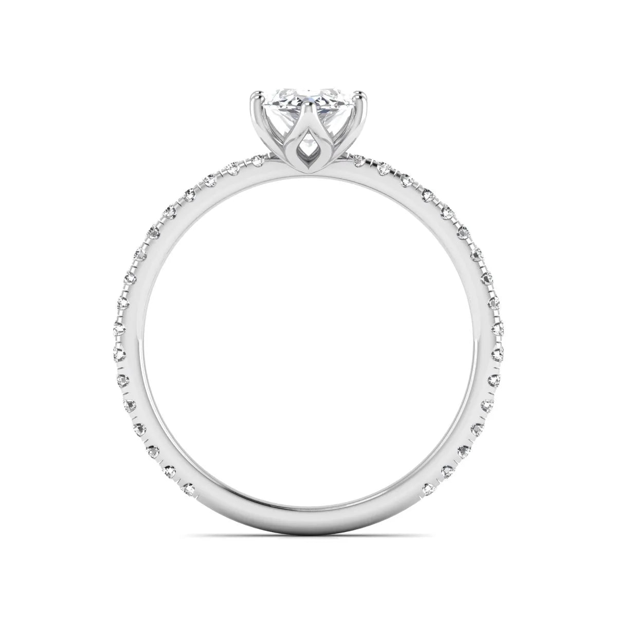 Marquise cut lab grown diamond engagement ring with an IGI certified center diamond and pavé round diamond band in white gold.