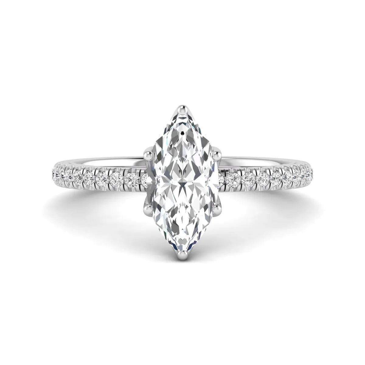 Marquise cut lab grown diamond engagement ring with an IGI certified center diamond and pavé round diamond band in white gold.