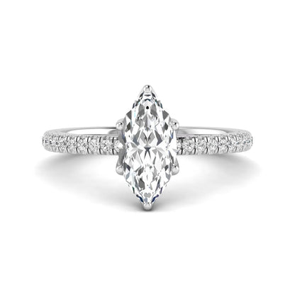 Marquise cut lab grown diamond engagement ring with an IGI certified center diamond and pavé round diamond band in white gold.