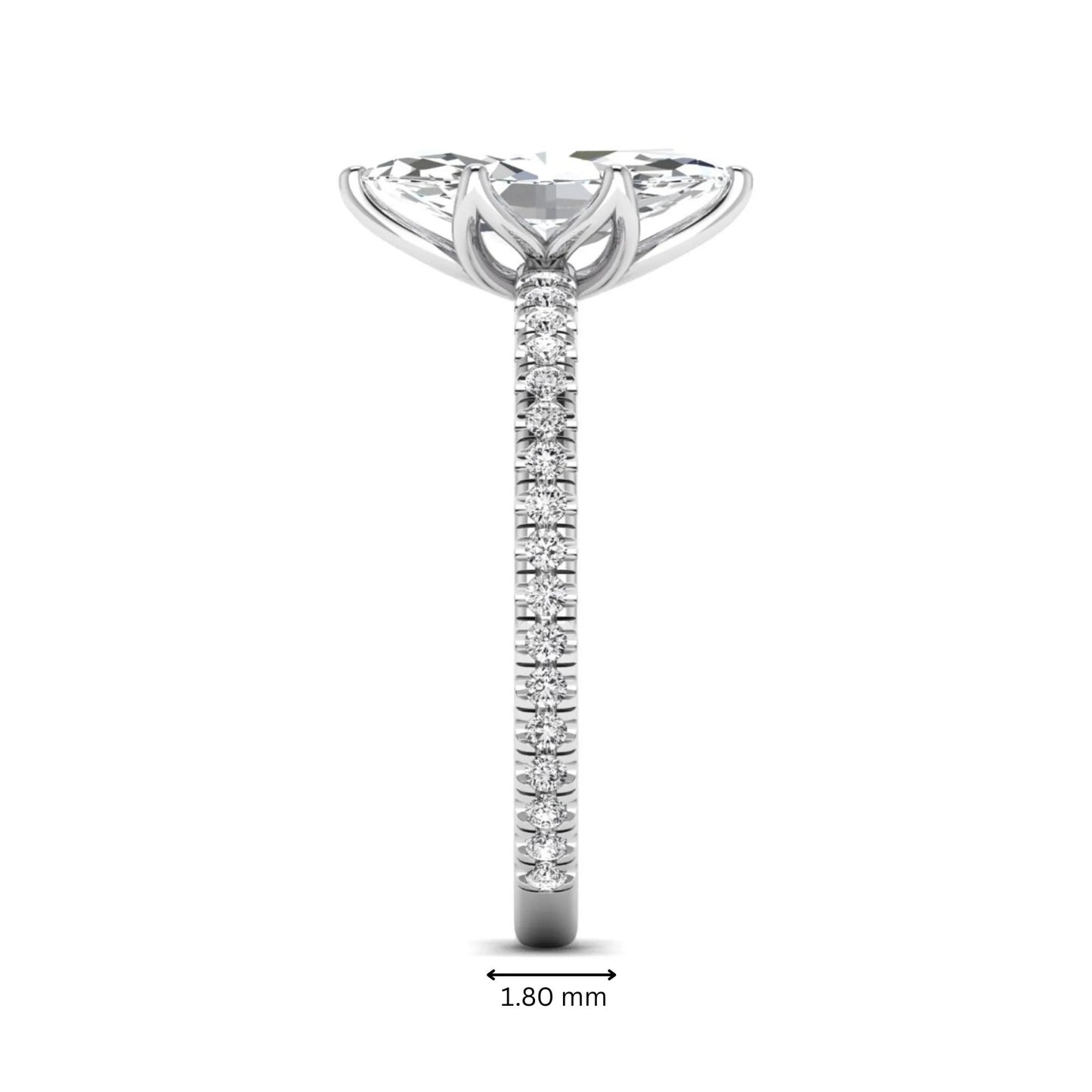 Marquise cut lab grown diamond engagement ring with an IGI certified center diamond and pavé round diamond band in white gold.