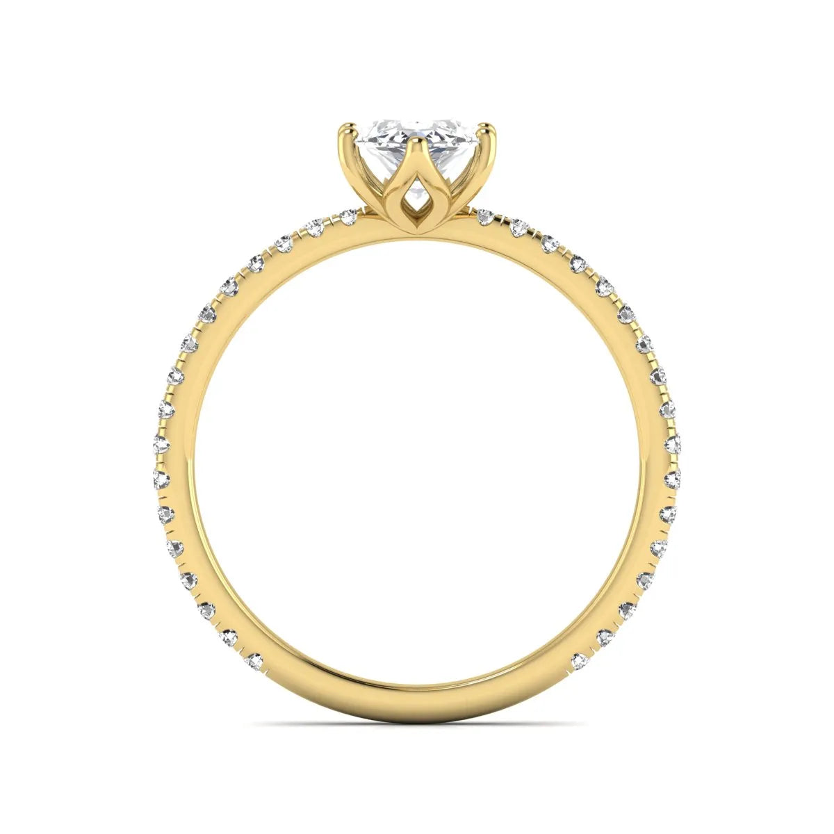 Marquise cut lab grown diamond engagement ring with an IGI certified center diamond and pavé round diamond band in yellow gold.