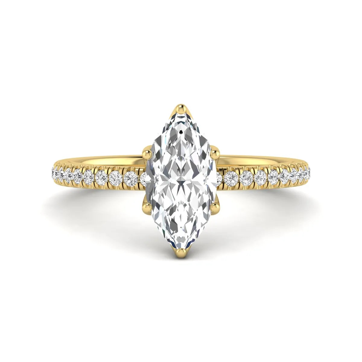 Marquise cut lab grown diamond engagement ring with an IGI certified center diamond and pavé round diamond band in yellow gold.