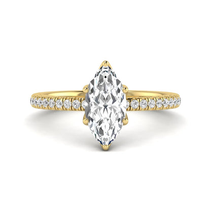 Marquise cut lab grown diamond engagement ring with an IGI certified center diamond and pavé round diamond band in yellow gold.