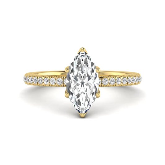 Marquise cut lab grown diamond engagement ring with an IGI certified center diamond and pavé round diamond band in yellow gold.