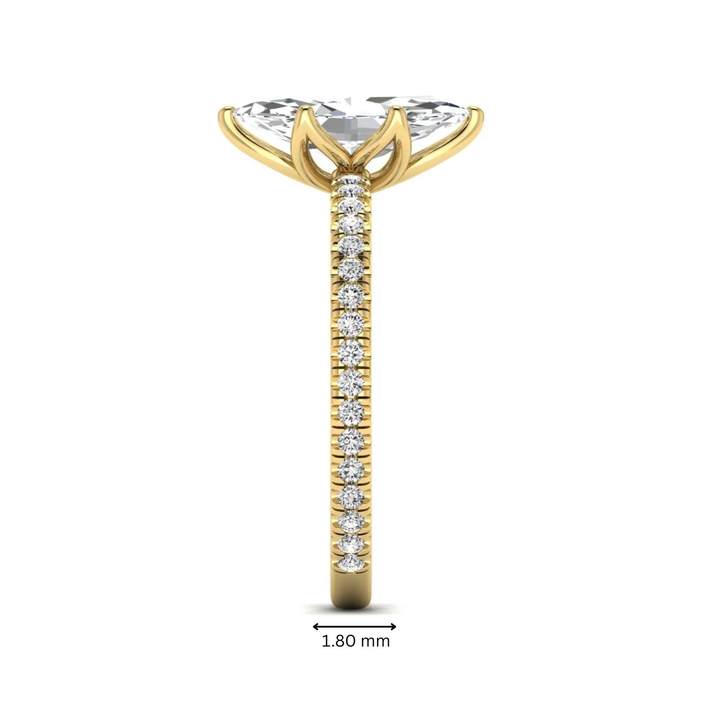 Marquise cut lab grown diamond engagement ring with an IGI certified center diamond and pavé round diamond band in yellow gold.