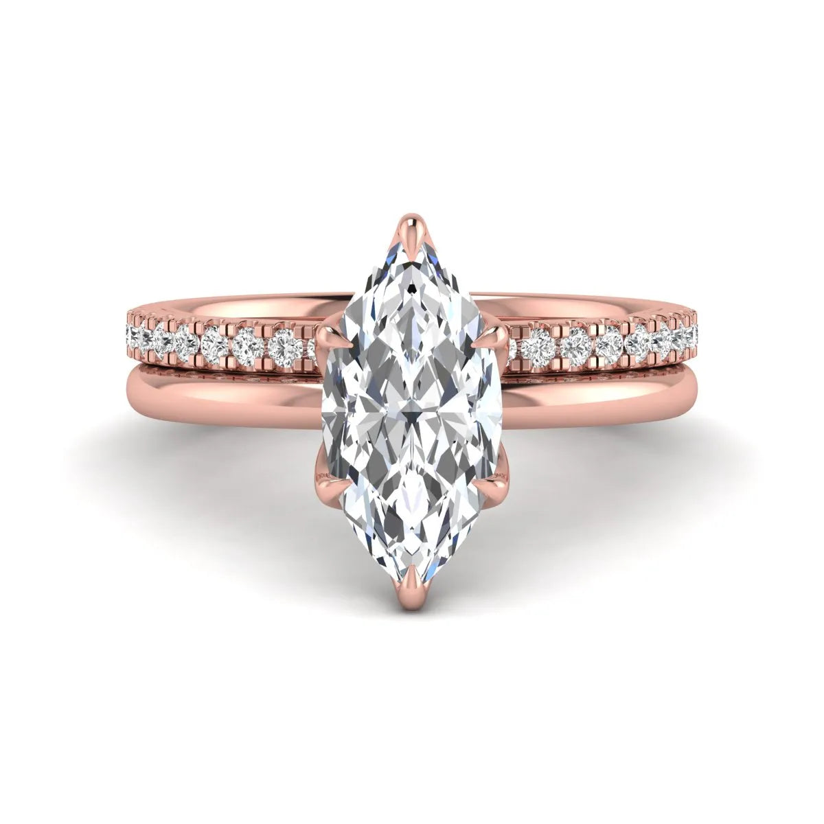 IGI Certified 2.11 carat marquise cut lab grown diamond engagement ring set with matching round diamond wedding band in rose gold.