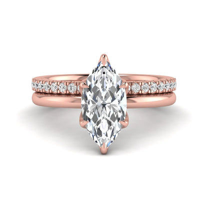 IGI Certified 2.11 carat marquise cut lab grown diamond engagement ring set with matching round diamond wedding band in rose gold.