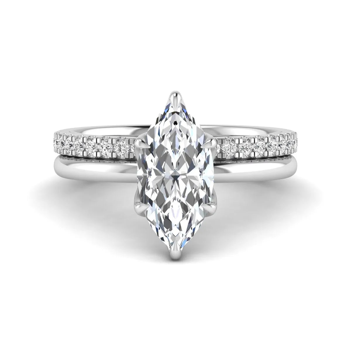 IGI Certified 2.11 carat marquise cut lab grown diamond engagement ring set with matching round diamond wedding band in white gold.