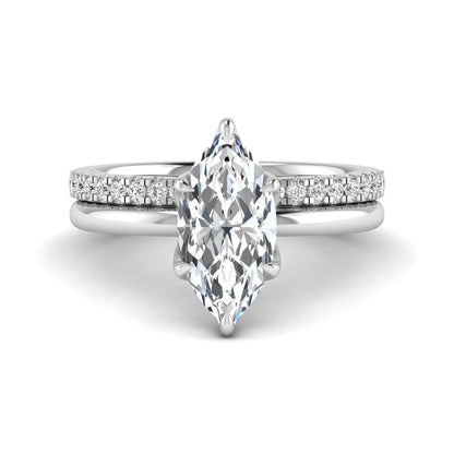 IGI Certified 2.11 carat marquise cut lab grown diamond engagement ring set with matching round diamond wedding band in white gold.