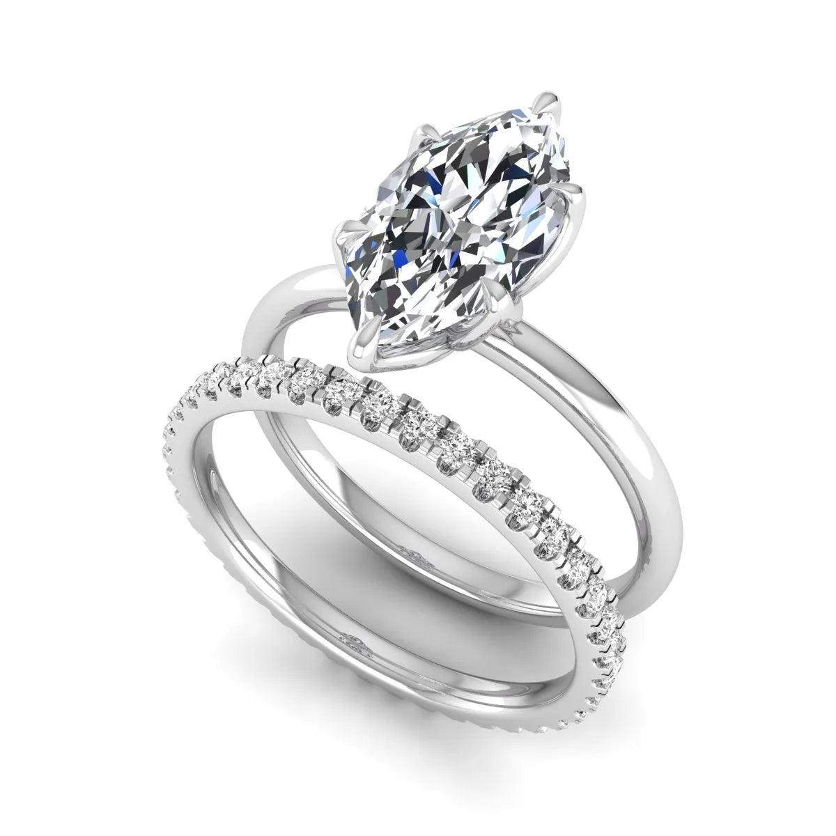 IGI Certified 2.11 carat marquise cut lab grown diamond engagement ring set with matching round diamond wedding band in white gold.