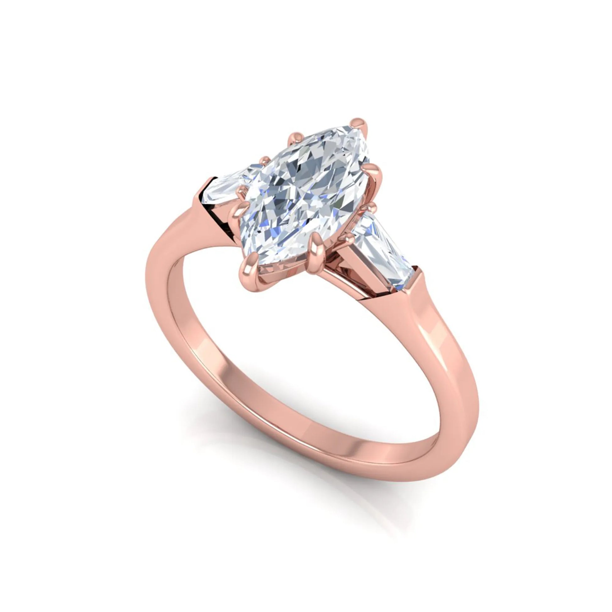 Marquise cut lab grown diamond engagement ring featuring a 0.95 carat IGI certified center diamond with baguette side diamonds in a rose gold three stone setting.