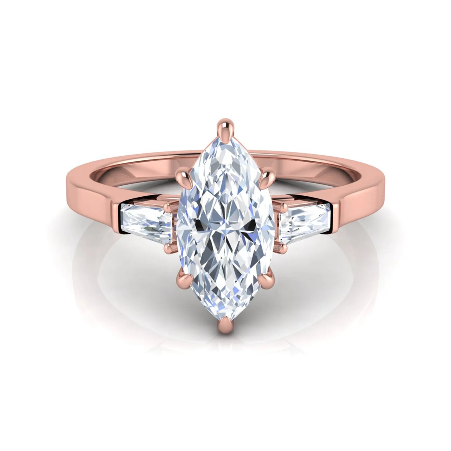 Marquise cut lab grown diamond engagement ring featuring a 0.95 carat IGI certified center diamond with baguette side diamonds in a rose gold three stone setting.