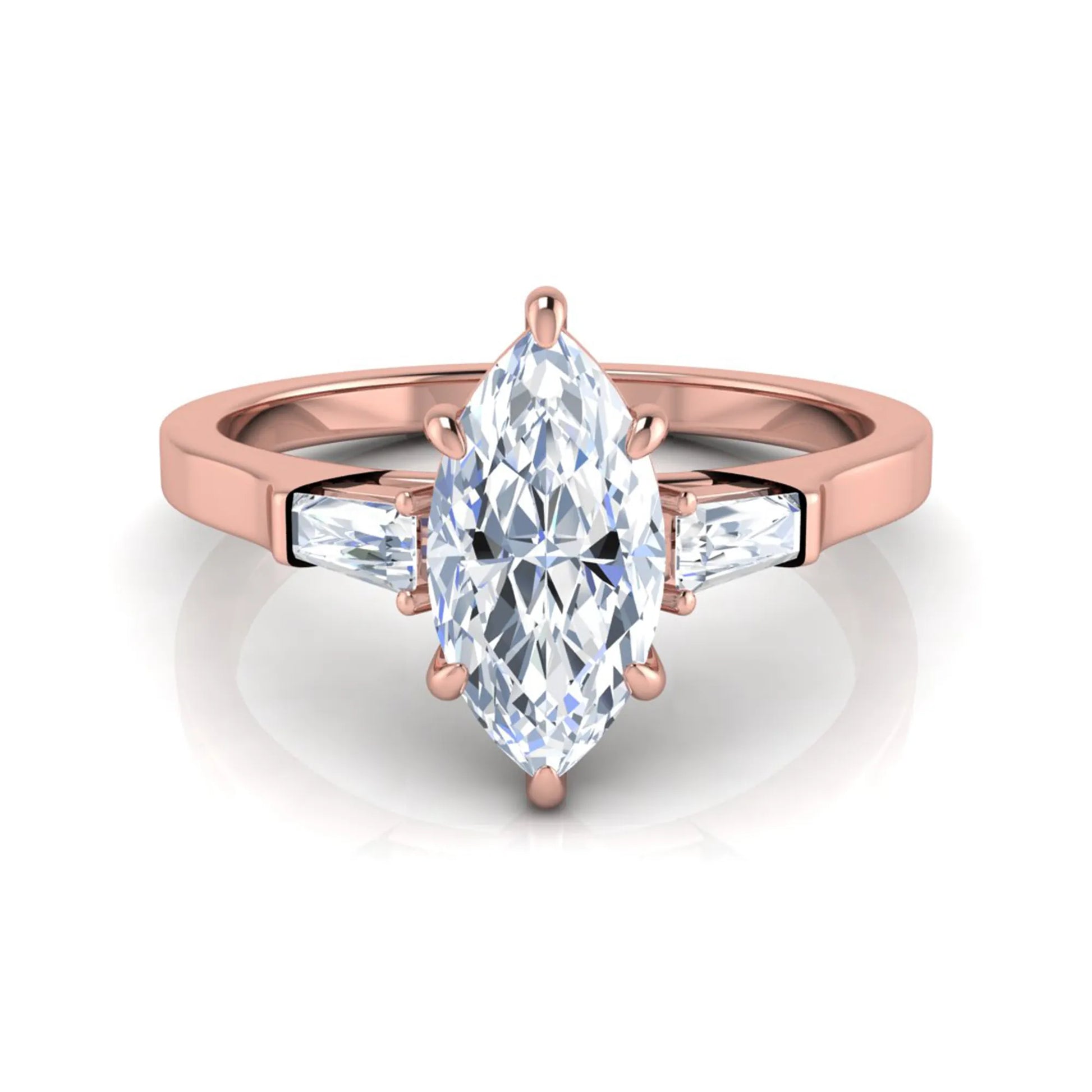 Marquise cut lab grown diamond engagement ring featuring a 0.95 carat IGI certified center diamond with baguette side diamonds in a rose gold three stone setting.