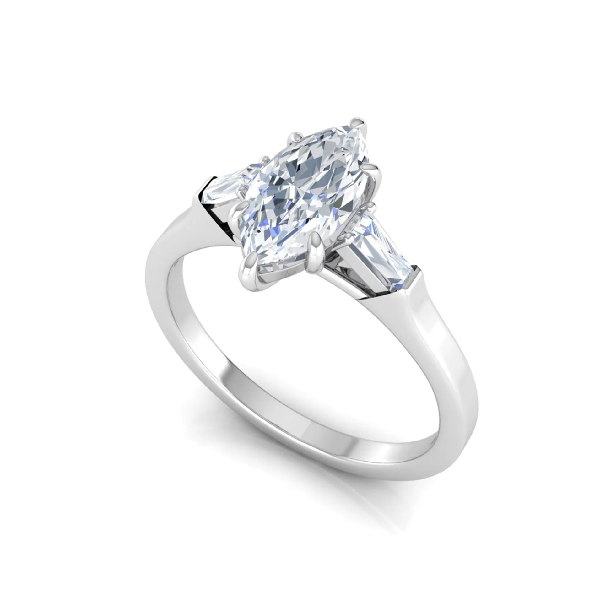 Marquise cut lab grown diamond engagement ring featuring a 0.95 carat IGI certified center diamond with baguette side diamonds in a white gold three stone setting.
