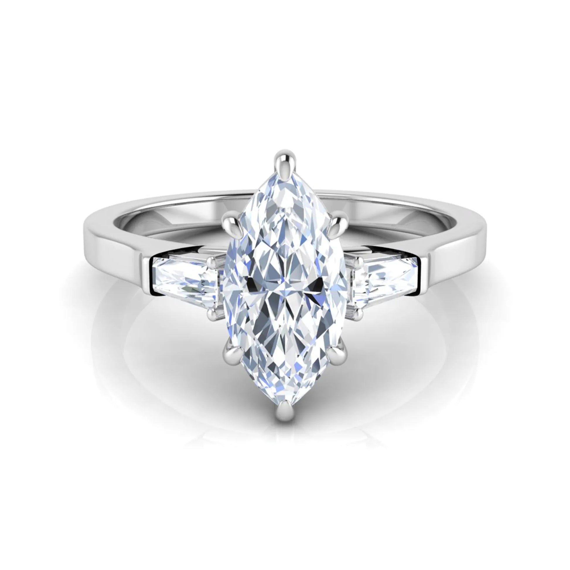 Marquise cut lab grown diamond engagement ring featuring a 0.95 carat IGI certified center diamond with baguette side diamonds in a white gold three stone setting.