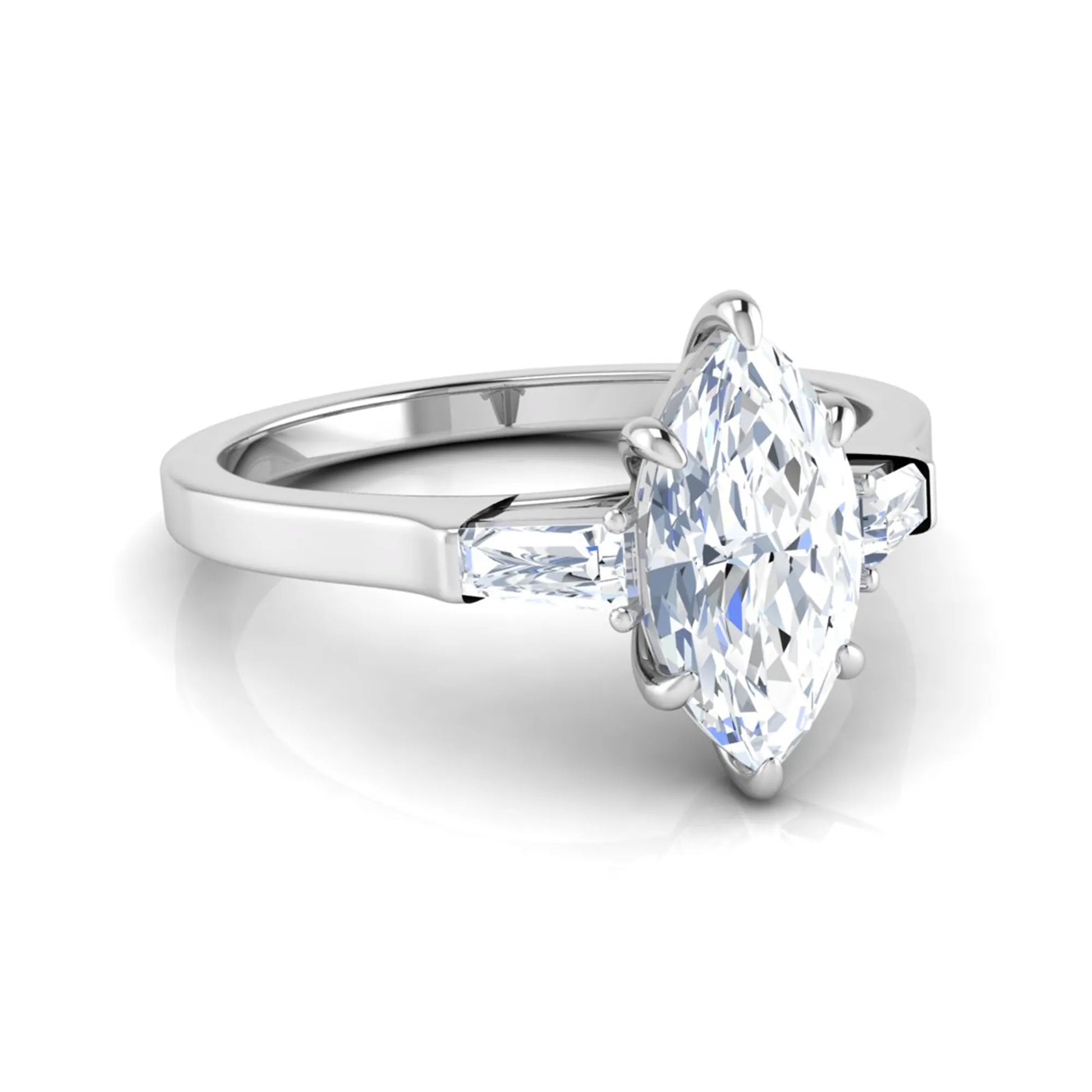 Marquise cut lab grown diamond engagement ring featuring a 0.95 carat IGI certified center diamond with baguette side diamonds in a white gold three stone setting.