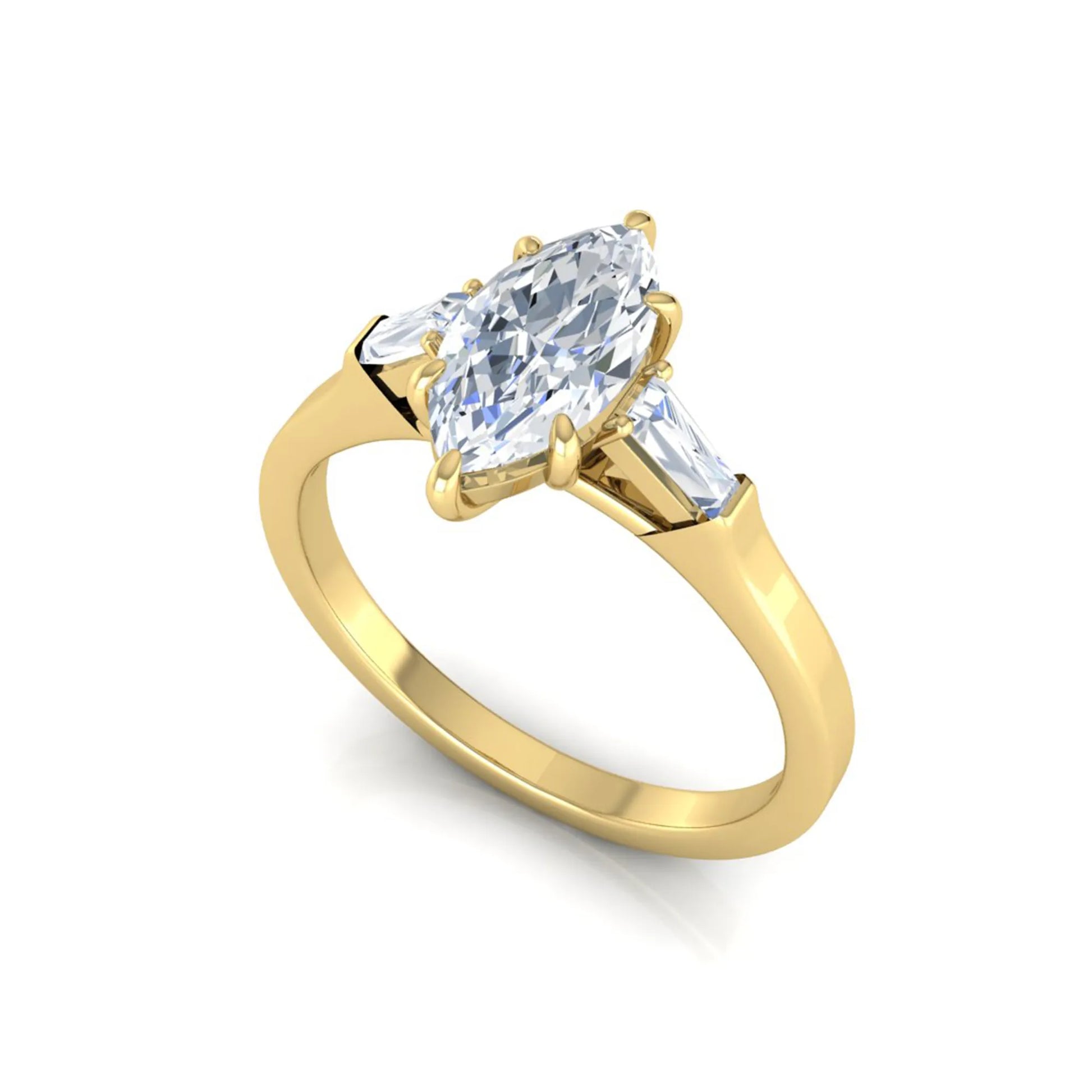 Marquise cut lab grown diamond engagement ring featuring a 0.95 carat IGI certified center diamond with baguette side diamonds in a yellow gold three stone setting.