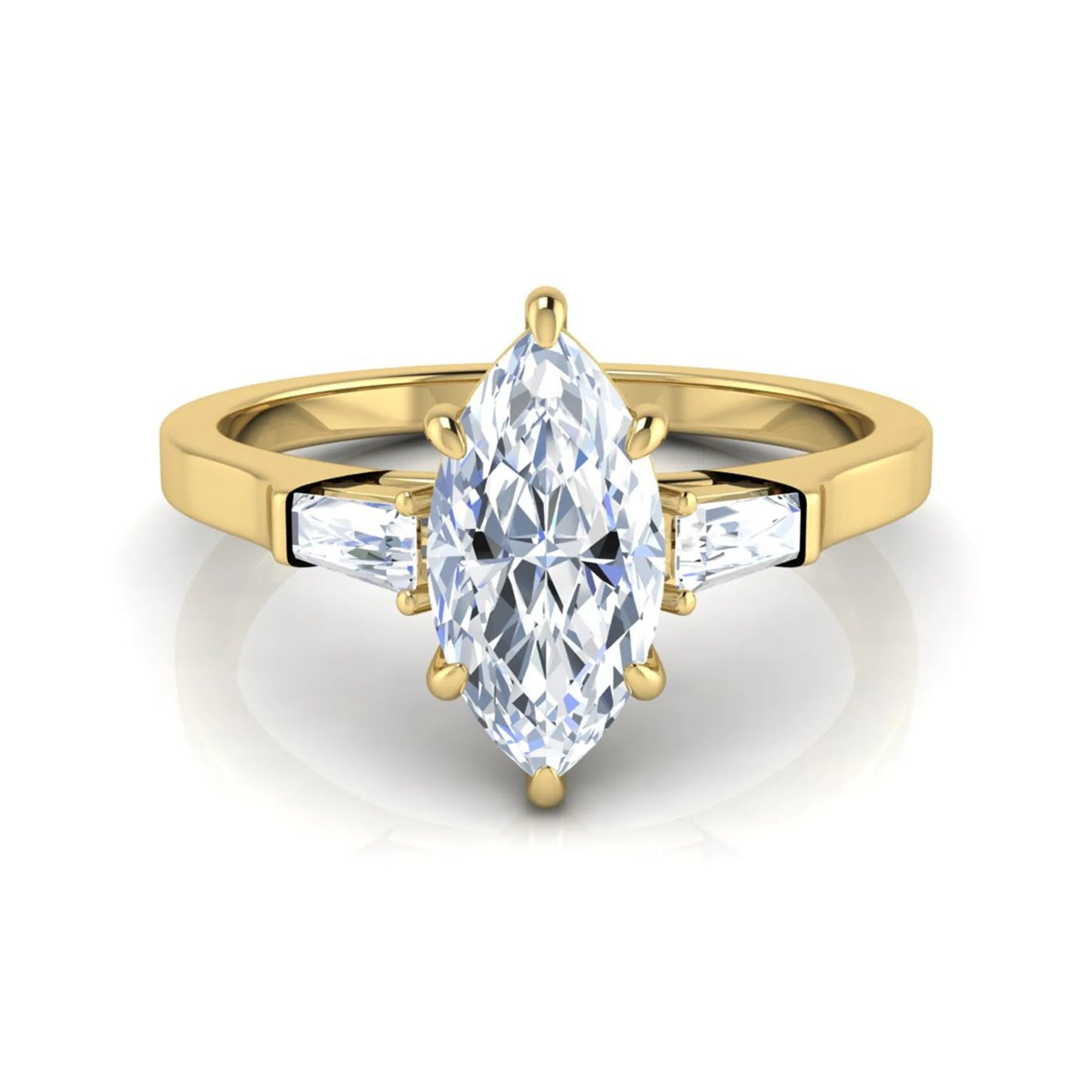 Marquise cut lab grown diamond engagement ring featuring a 0.95 carat IGI certified center diamond with baguette side diamonds in a yellow gold three stone setting.