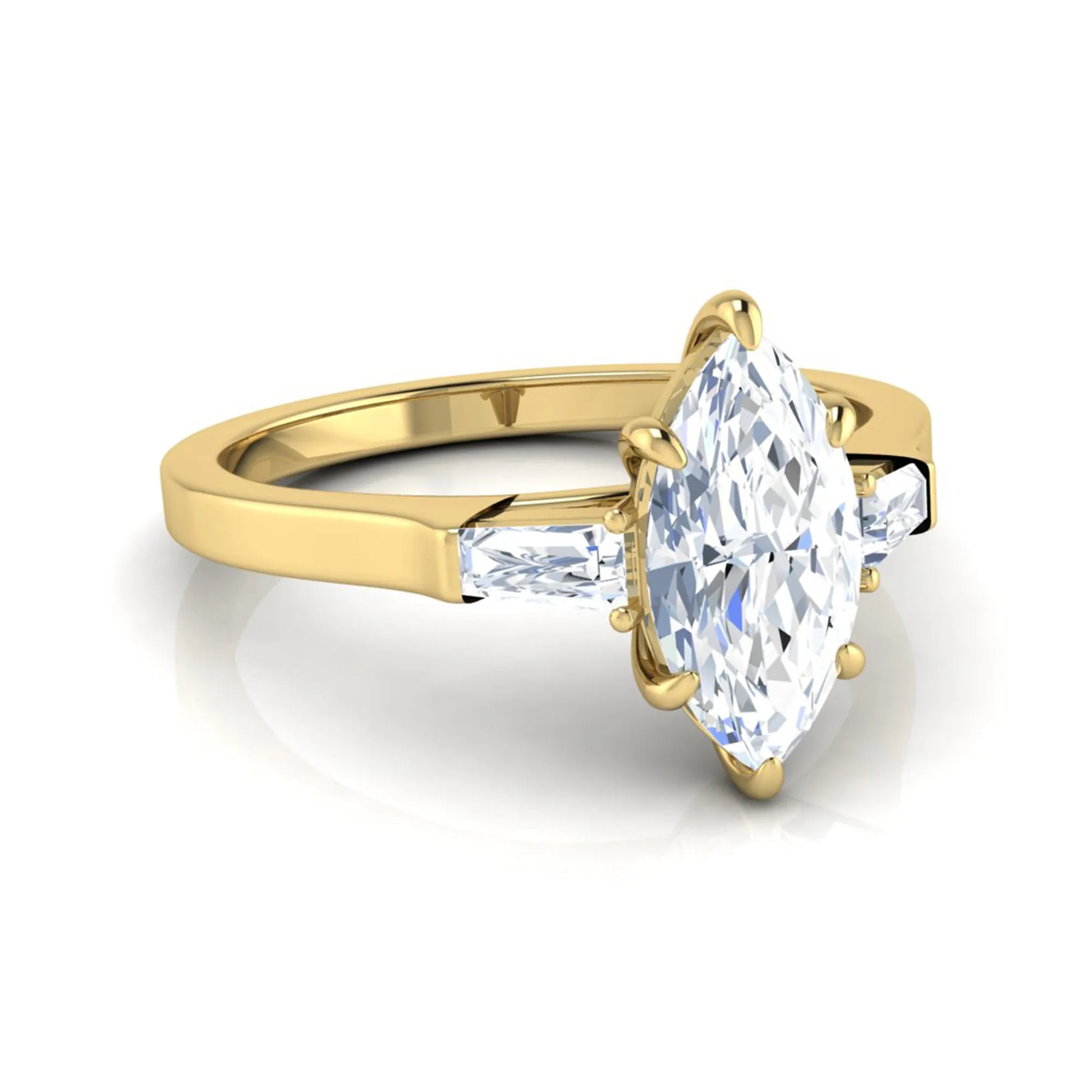 Marquise cut lab grown diamond engagement ring featuring a 0.95 carat IGI certified center diamond with baguette side diamonds in a yellow gold three stone setting.