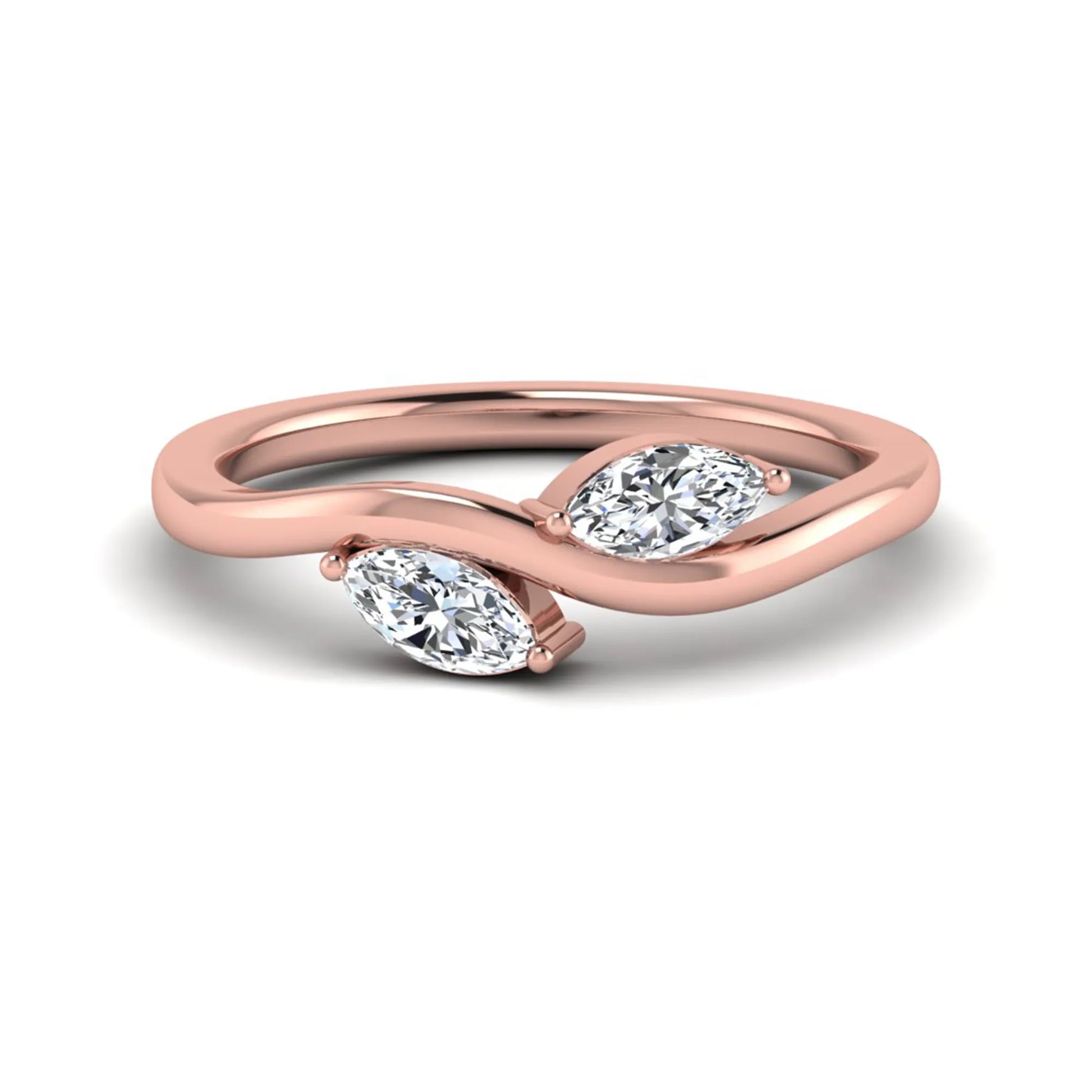 Nature-inspired marquise cut lab grown diamond leaf ring with two marquise diamonds on a gracefully curved polished band in rose gold