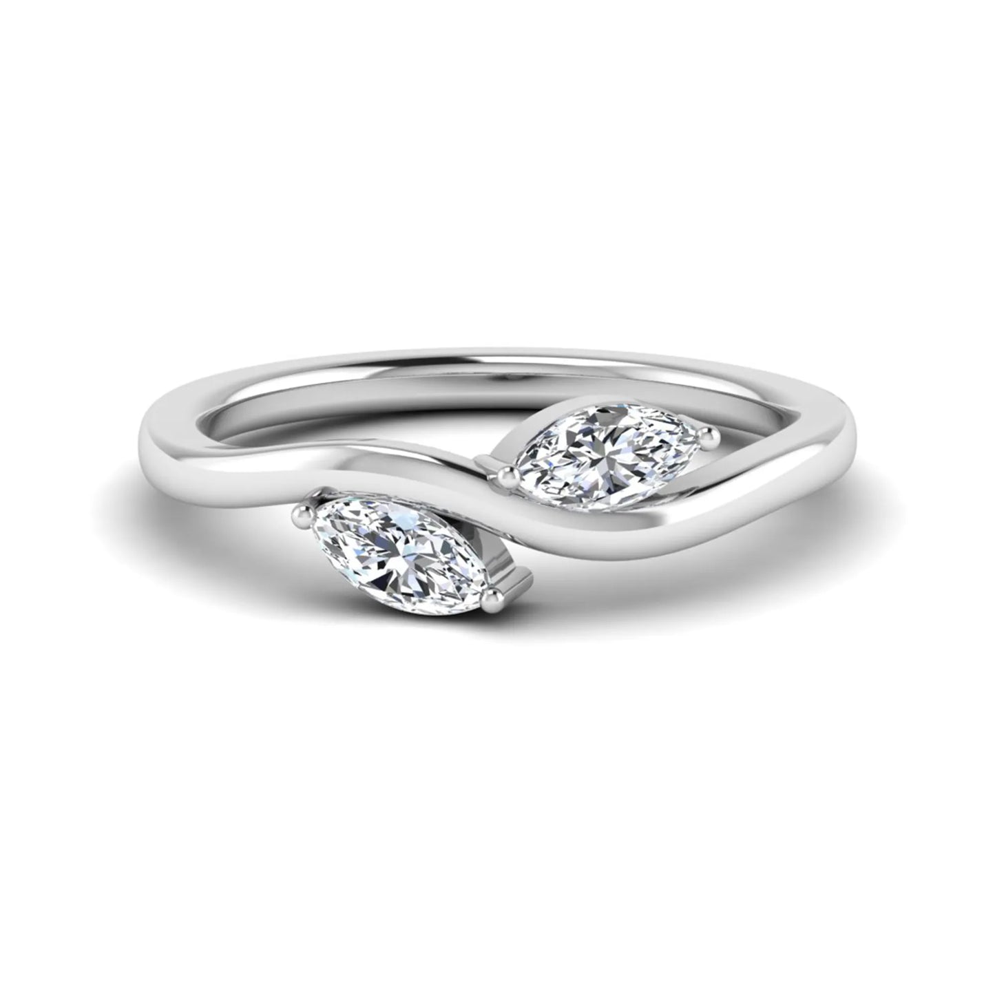 Nature-inspired marquise cut lab grown diamond leaf ring with two marquise diamonds on a gracefully curved polished band in white gold