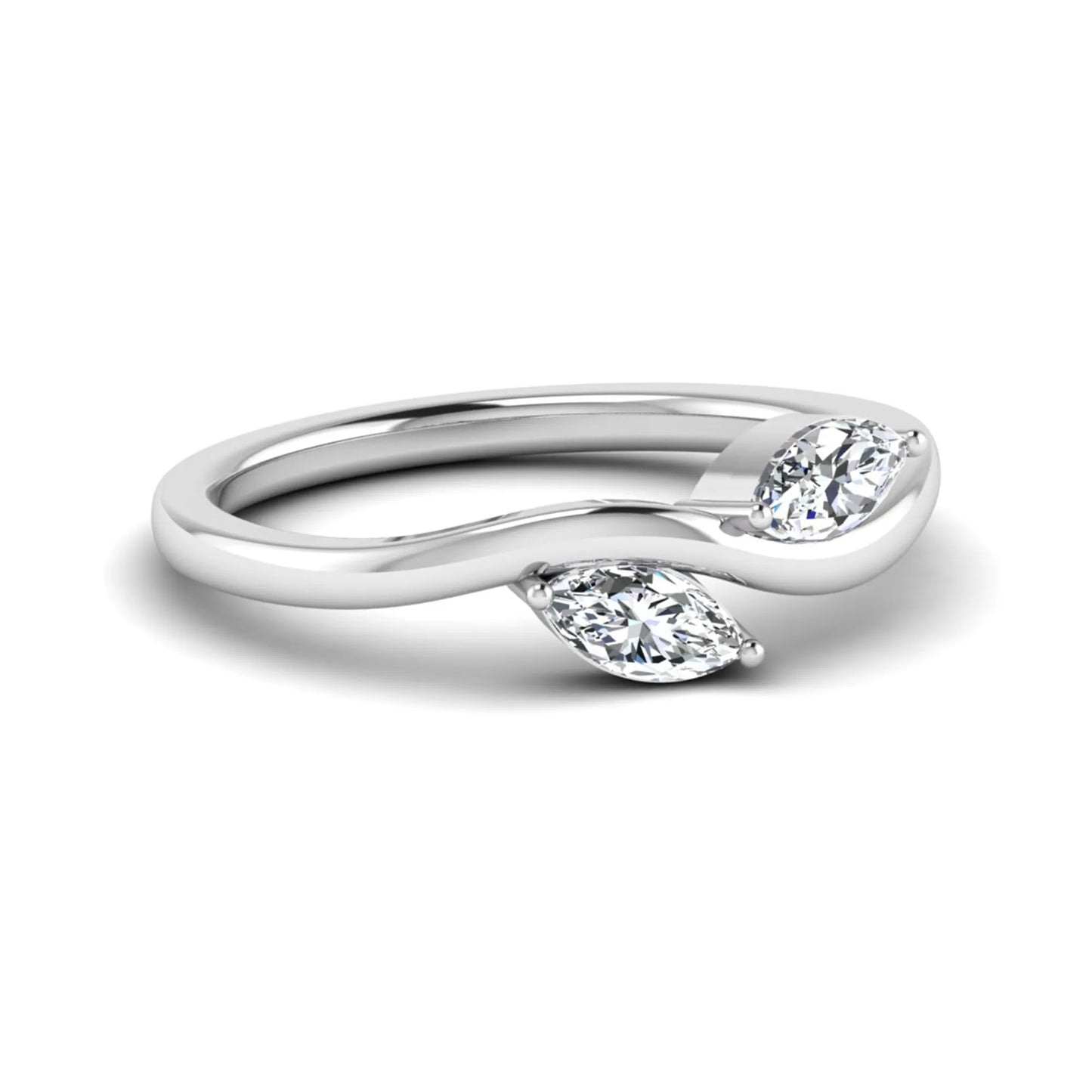 Nature-inspired marquise cut lab grown diamond leaf ring with two marquise diamonds on a gracefully curved polished band in white gold