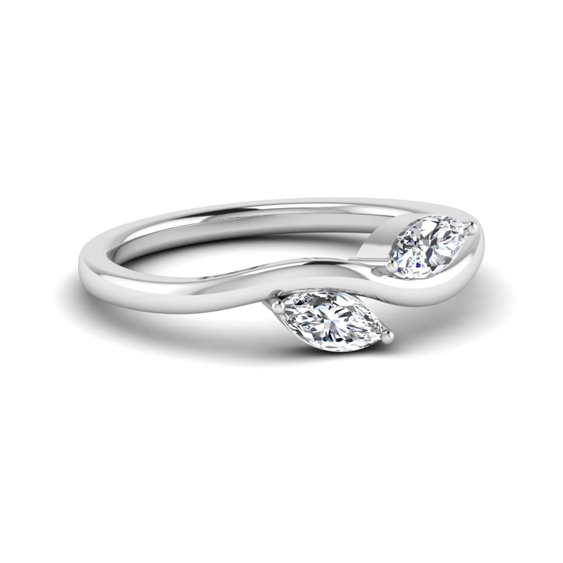 Nature-inspired marquise cut lab grown diamond leaf ring with two marquise diamonds on a gracefully curved polished band in white gold