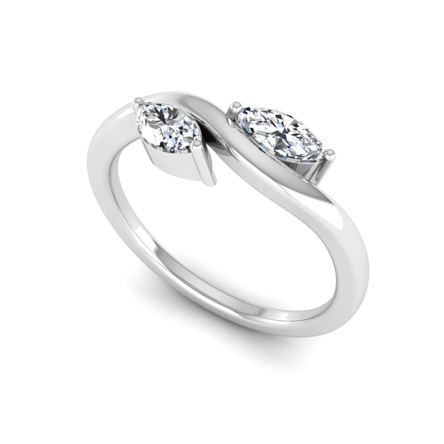 Nature-inspired marquise cut lab grown diamond leaf ring with two marquise diamonds on a gracefully curved polished band in white gold