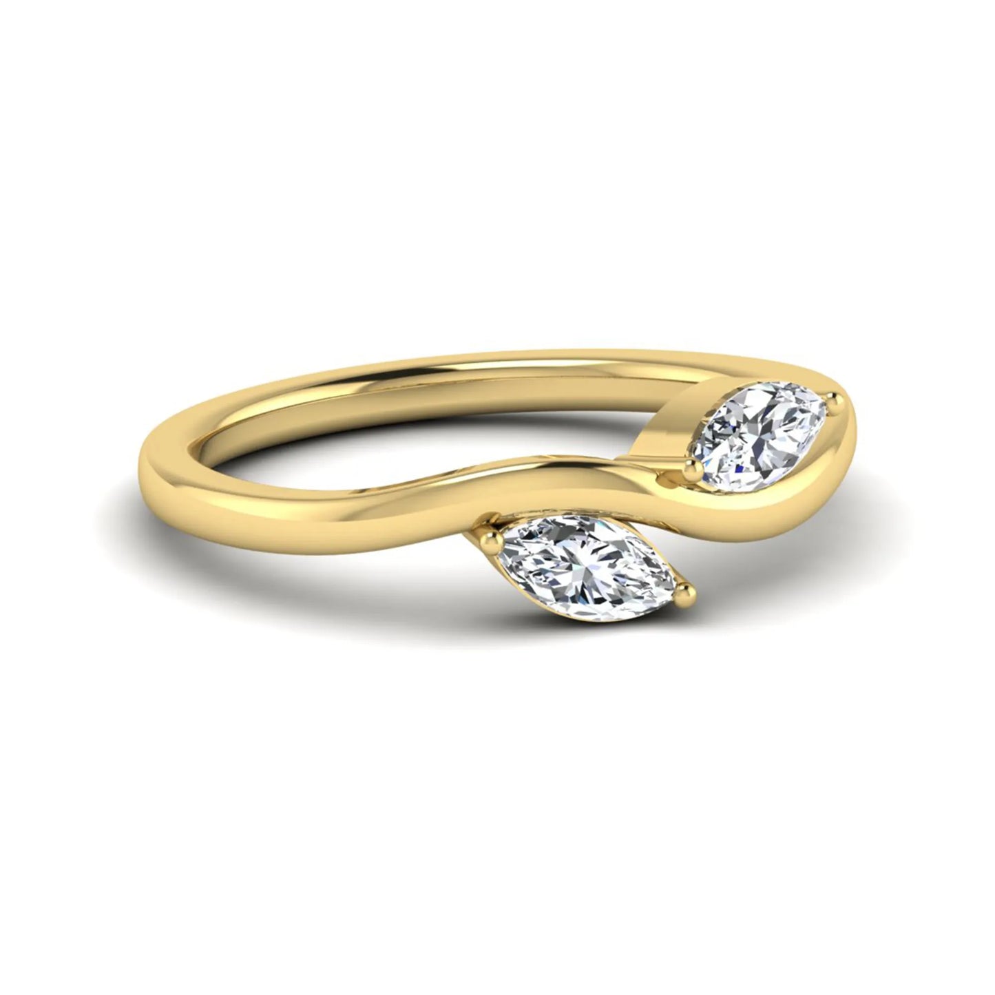 Nature-inspired marquise cut lab grown diamond leaf ring with two marquise diamonds on a gracefully curved polished band in yellow gold