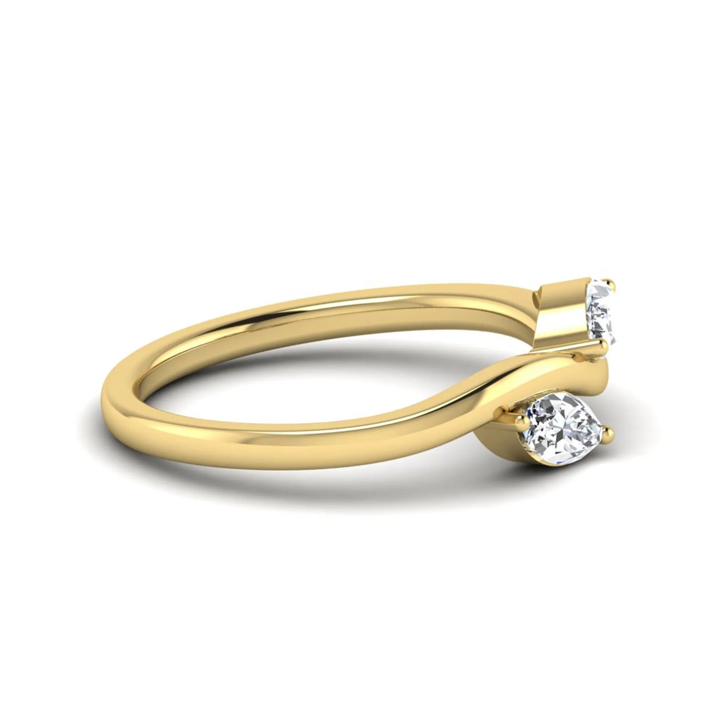 Nature-inspired marquise cut lab grown diamond leaf ring with two marquise diamonds on a gracefully curved polished band in yellow gold