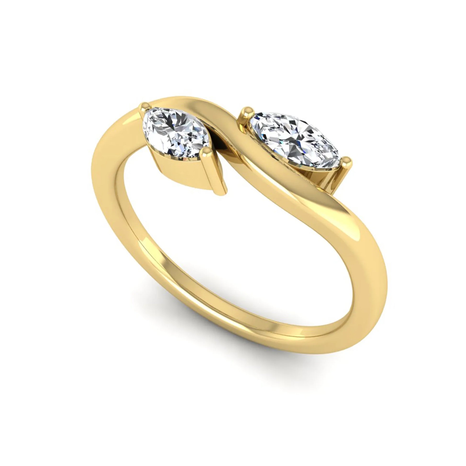 Nature-inspired marquise cut lab grown diamond leaf ring with two marquise diamonds on a gracefully curved polished band in yellow gold
