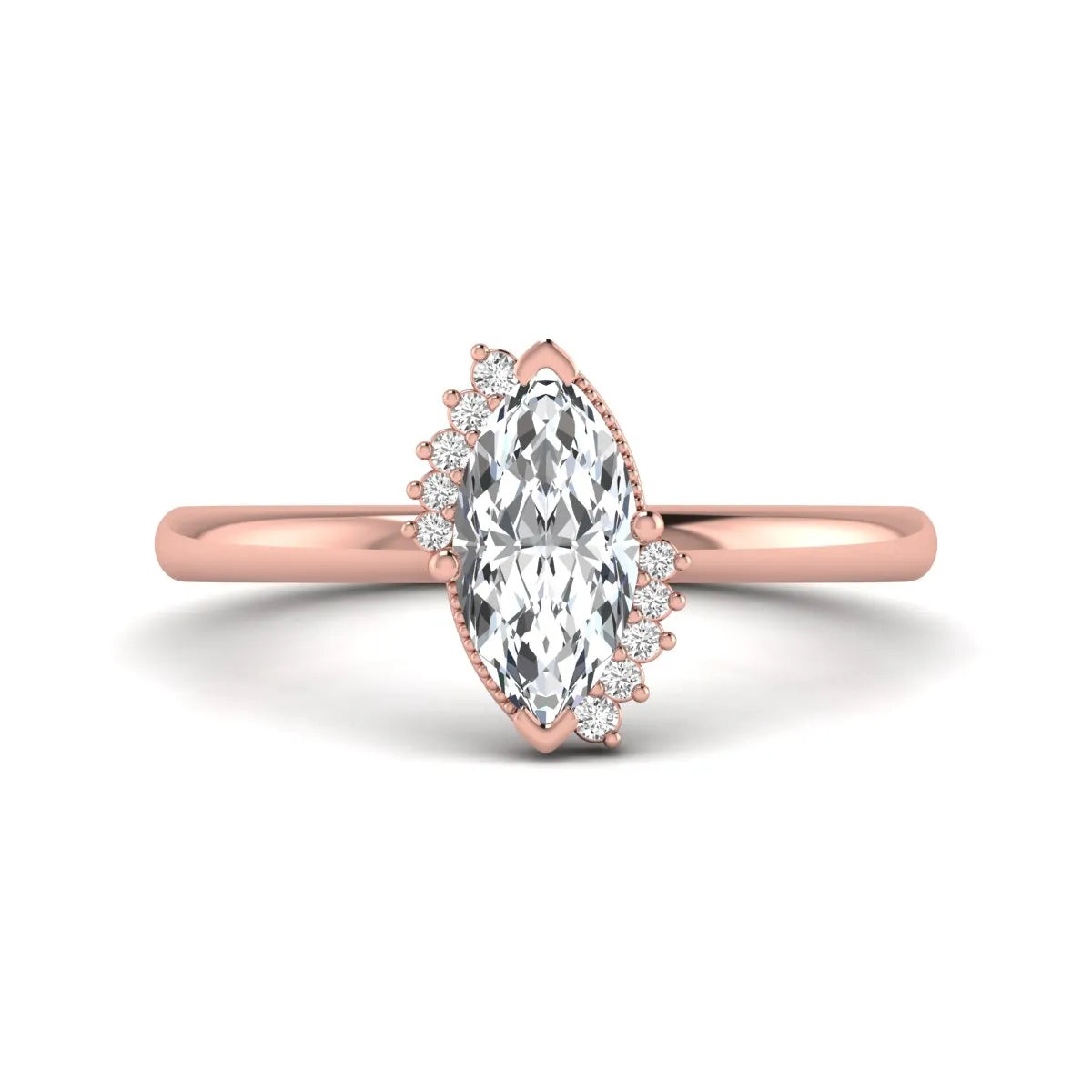 Marquise North-South Accent Lab Grown Diamond Engagement Ring featuring a marquise-cut center diamond with round diamond accents in a prong setting in rose gold