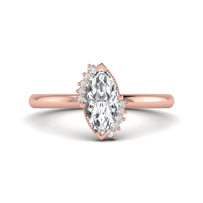 Marquise North-South Accent Lab Grown Diamond Engagement Ring featuring a marquise-cut center diamond with round diamond accents in a prong setting in rose gold