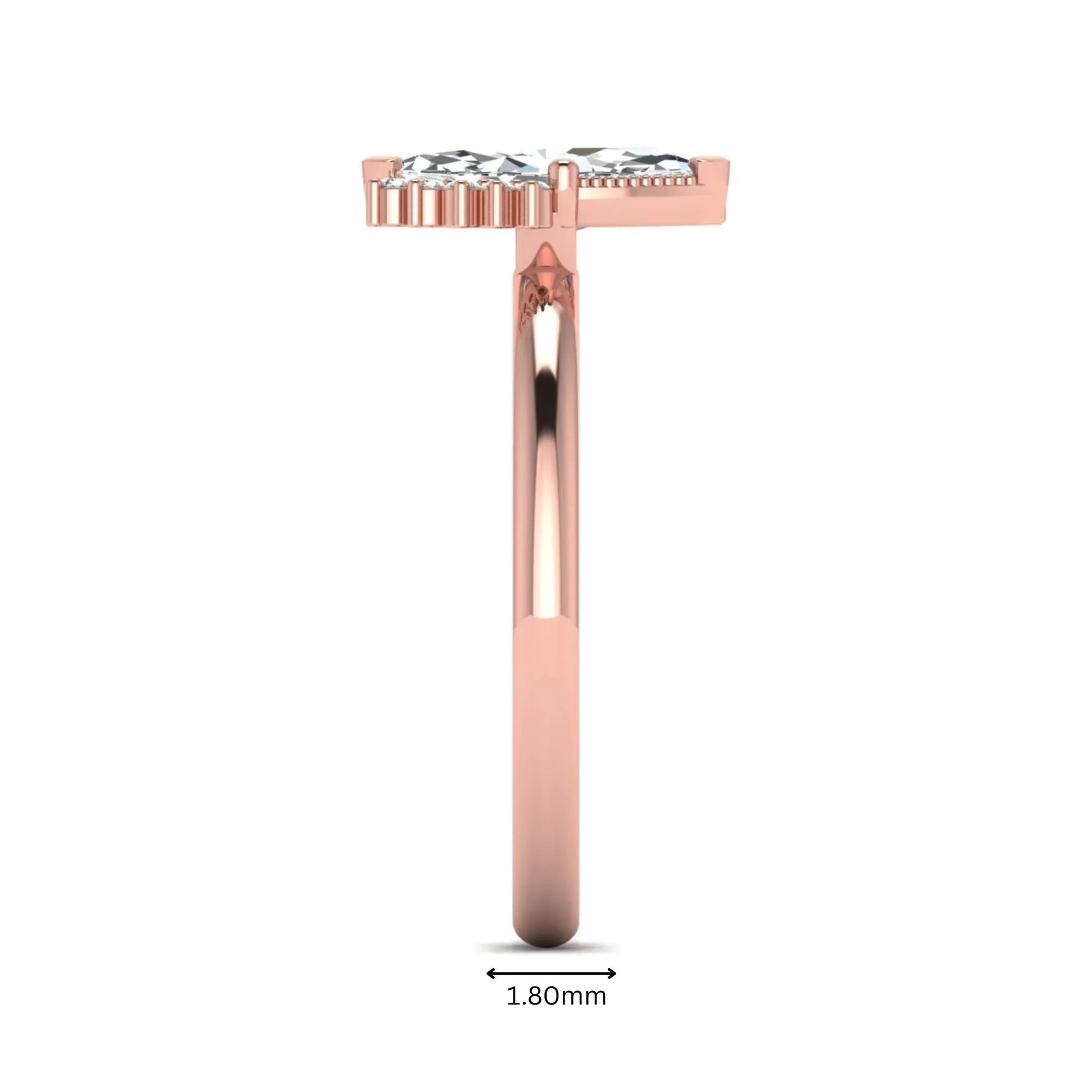 Marquise North-South Accent Lab Grown Diamond Engagement Ring featuring a marquise-cut center diamond with round diamond accents in a prong setting in rose gold