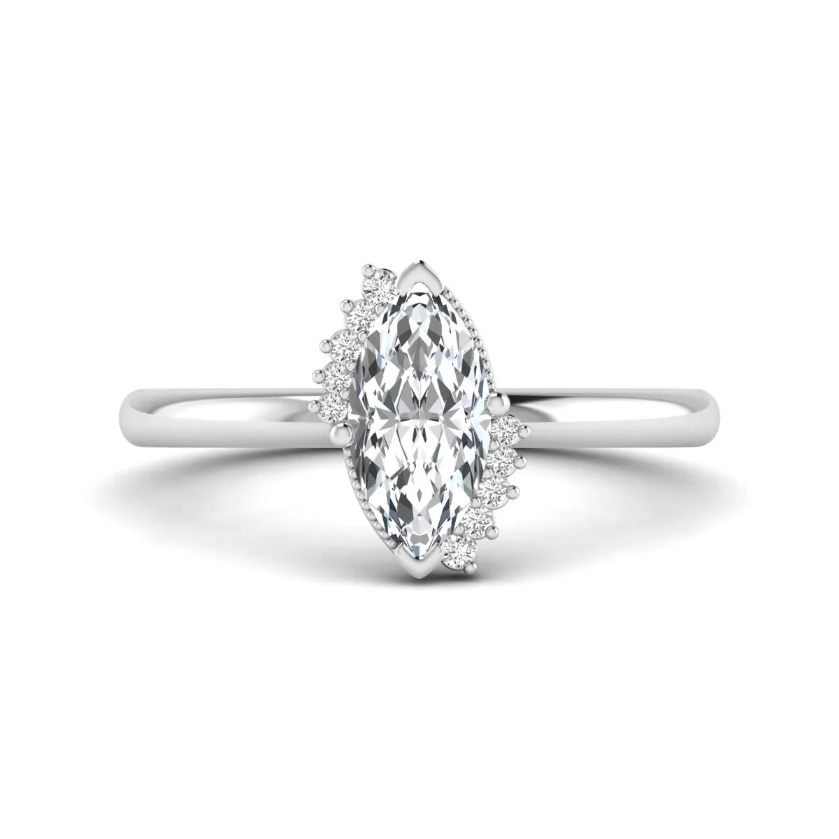 Marquise North-South Accent Lab Grown Diamond Engagement Ring featuring a marquise-cut center diamond with round diamond accents in a prong setting in white gold