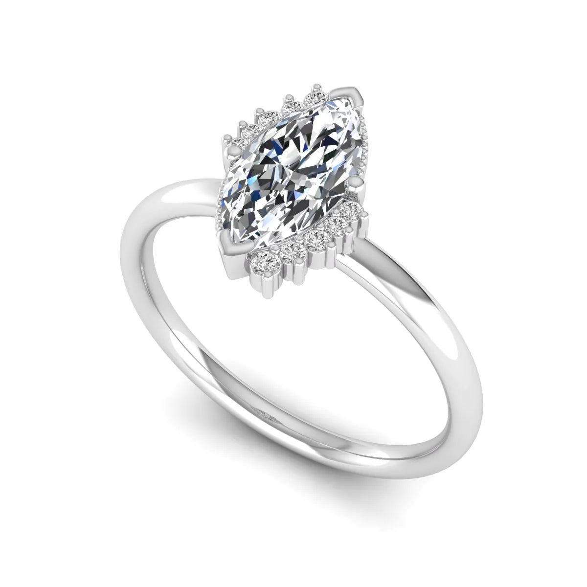 Marquise North-South Accent Lab Grown Diamond Engagement Ring featuring a marquise-cut center diamond with round diamond accents in a prong setting in white gold