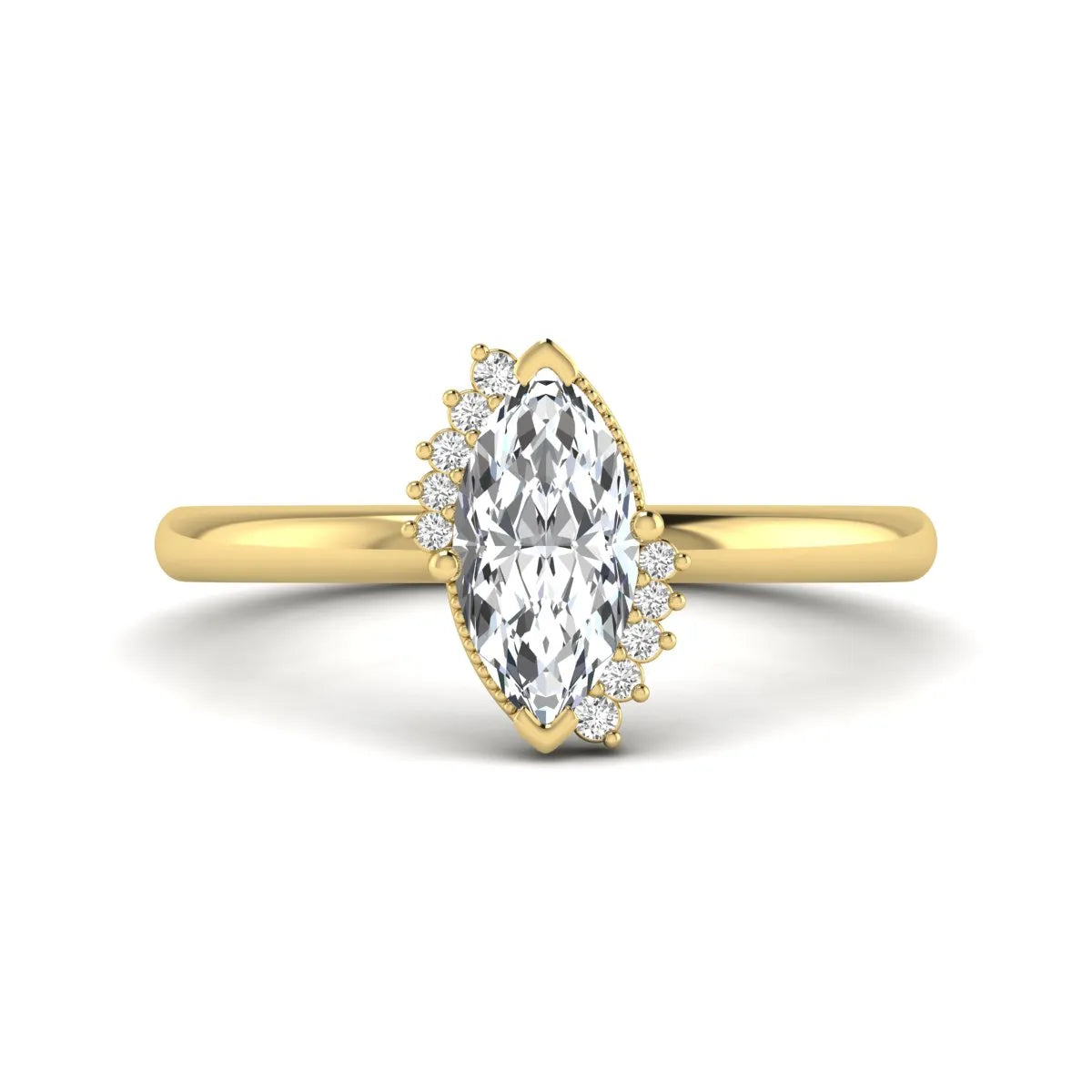 Marquise North-South Accent Lab Grown Diamond Engagement Ring featuring a marquise-cut center diamond with round diamond accents in a prong setting in yellow gold
