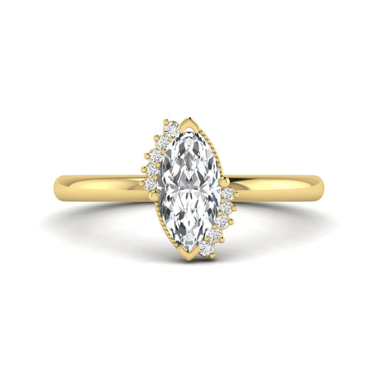 Marquise North-South Accent Lab Grown Diamond Engagement Ring featuring a marquise-cut center diamond with round diamond accents in a prong setting in yellow gold