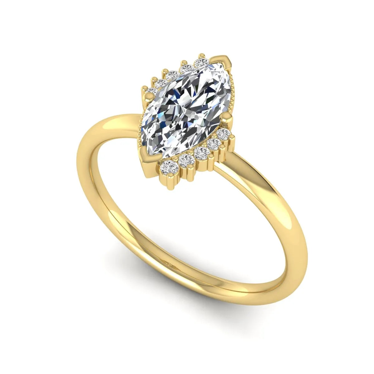 Marquise North-South Accent Lab Grown Diamond Engagement Ring featuring a marquise-cut center diamond with round diamond accents in a prong setting in yellow gold