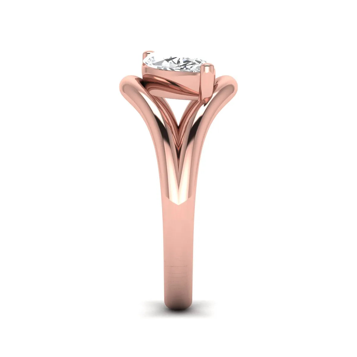 Marquise cut lab grown diamond open frame solitaire engagement ring in a rose gold sculptural setting