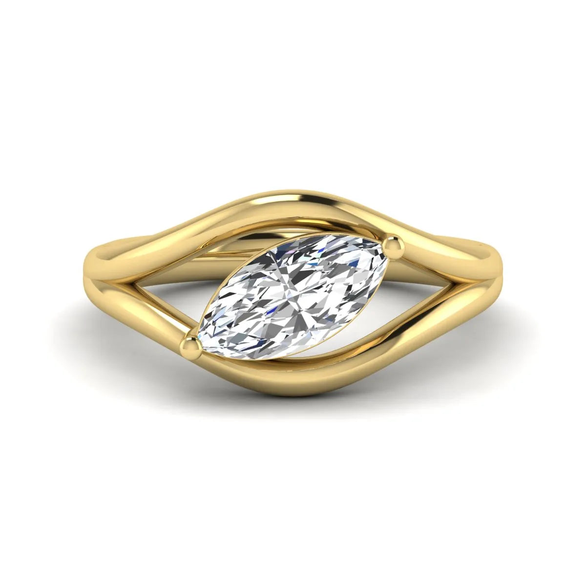 Marquise cut lab grown diamond open frame solitaire engagement ring in a yellow gold sculptural setting