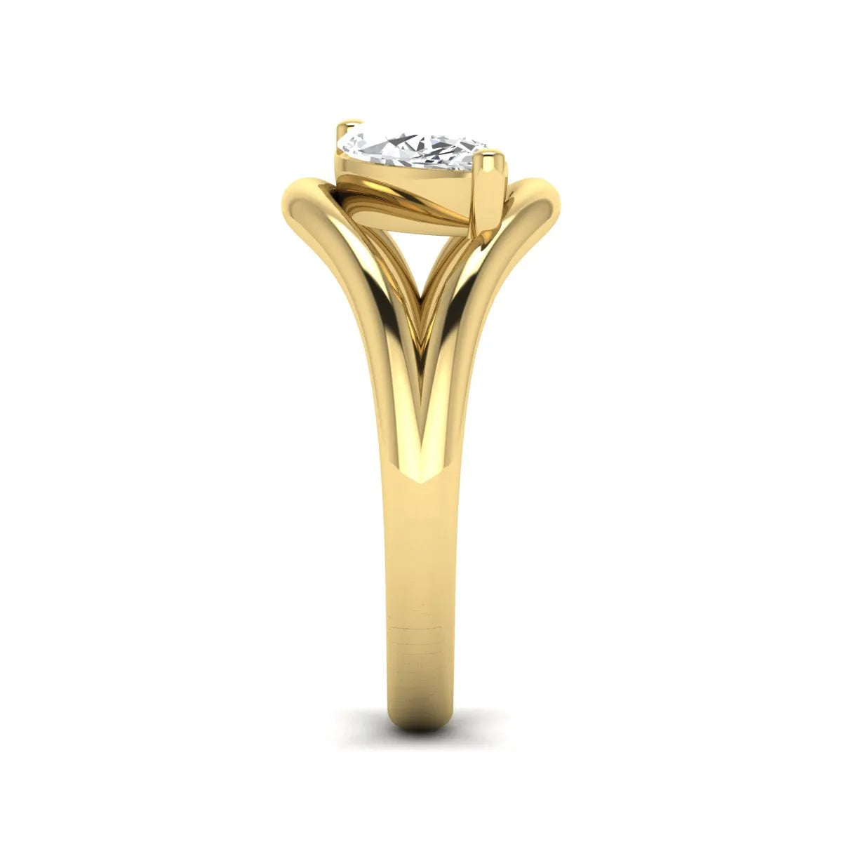 Marquise cut lab grown diamond open frame solitaire engagement ring in a yellow gold sculptural setting