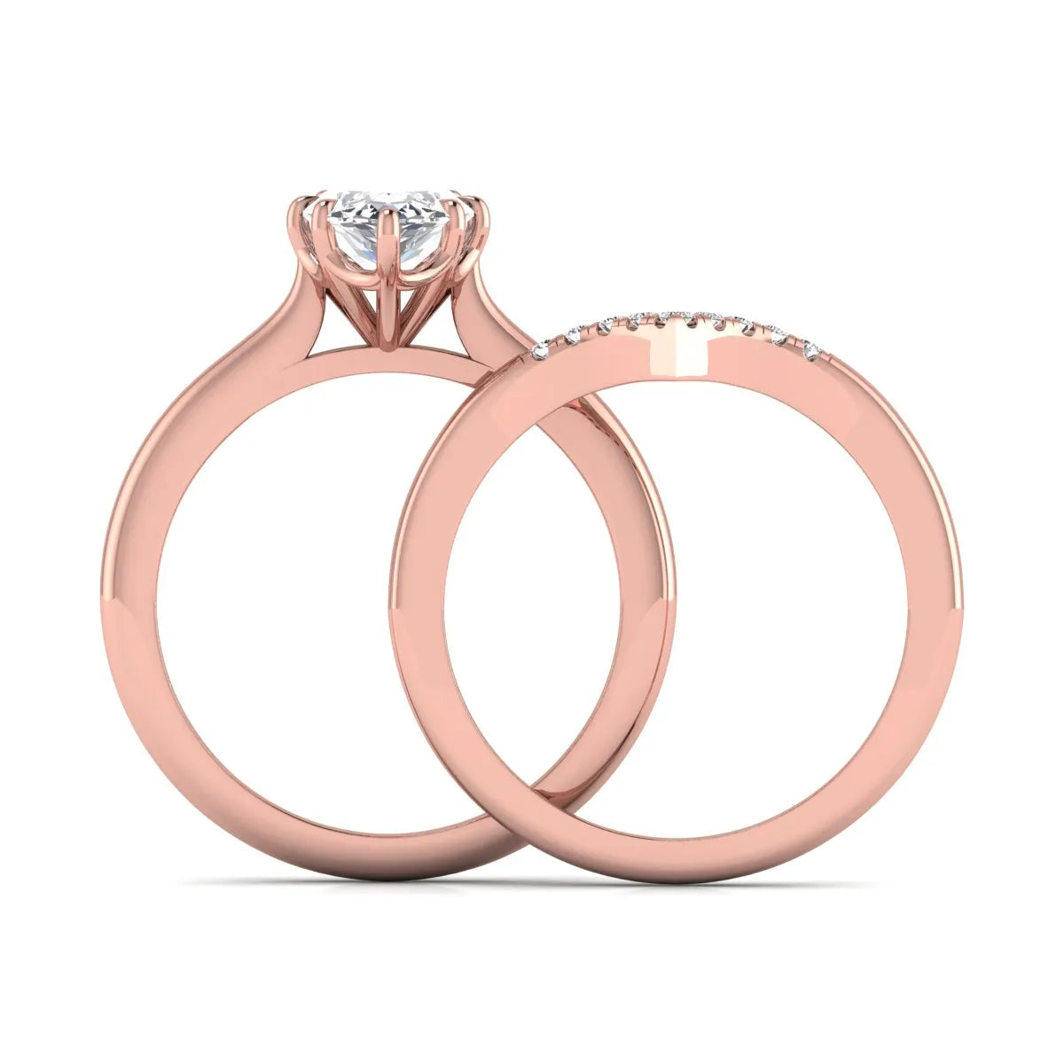 Marquise cut lab grown diamond bypass engagement ring with round side diamonds in a prong setting and rose gold tone band.