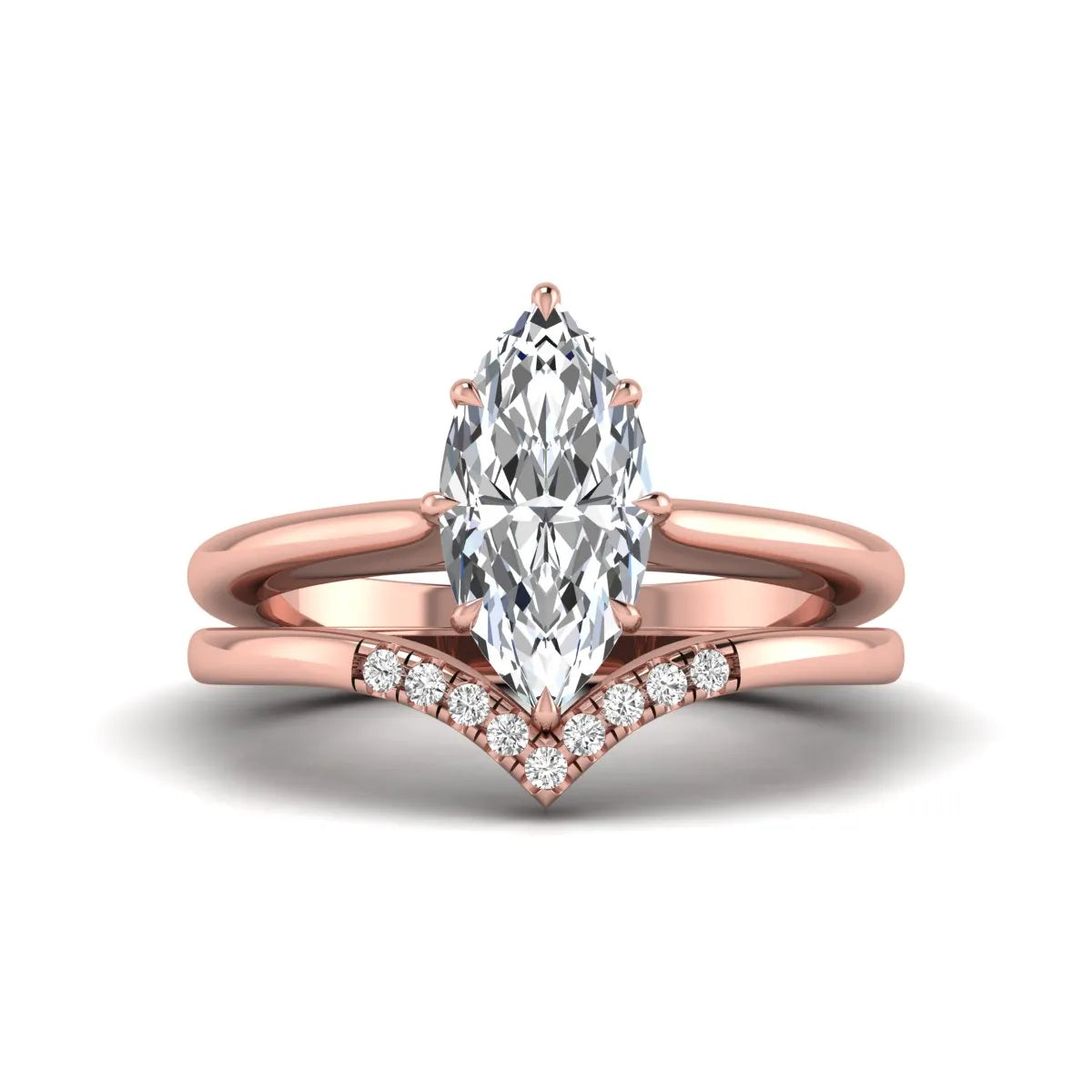 Marquise cut lab grown diamond bypass engagement ring with round side diamonds in a prong setting and rose gold tone band.