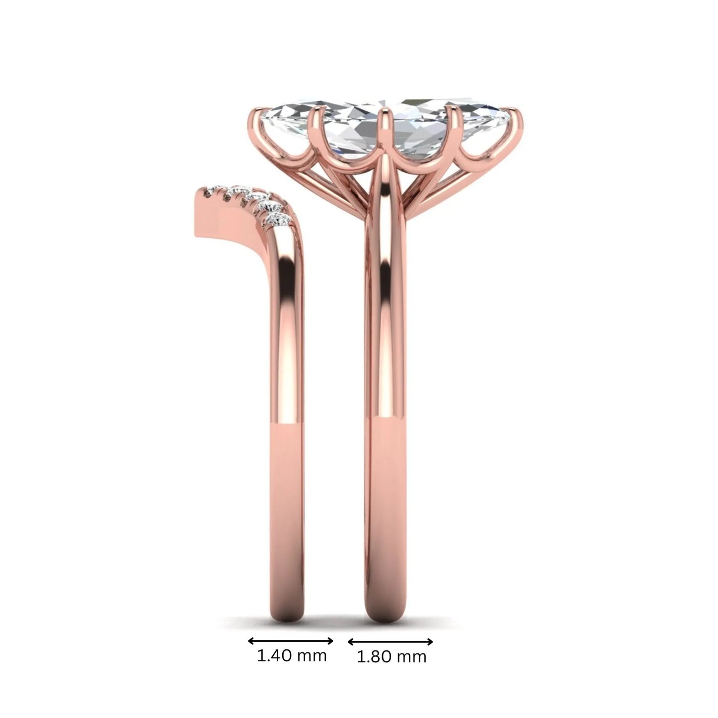 Marquise cut lab grown diamond bypass engagement ring with round side diamonds in a prong setting and rose gold tone band.
